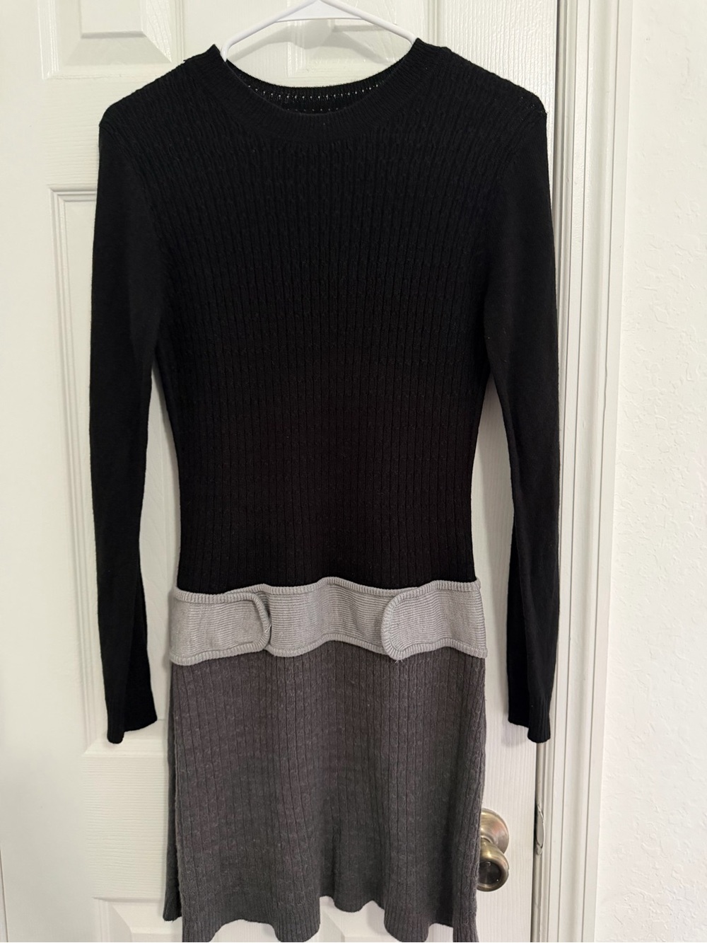 Iz Byer Black and Gray Ribbed Fit-and-Flare Long-Sleeve Dress